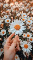 A person holding a daisy flower in a vibrant field of daisies during sunset in summer photo