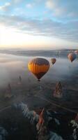 Hot air balloons soaring over the unique rock formations in Cappadocia at sunrise photo