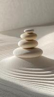 Balanced stone tower on smooth sand with gentle ripples in a tranquil environment photo