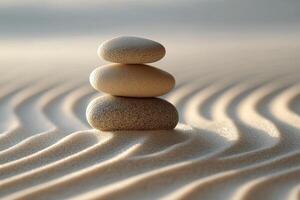 Tranquil stacked stones on a sandy surface with gentle ripples in the background photo
