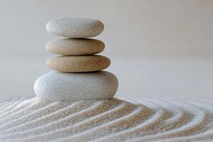 Tranquil stacked stones on a sandy surface with gentle ripples in the background photo