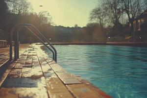 A bright sunny day at a rooftop pool with clear water and a beautiful sky overhead photo