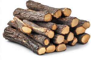 A stack of cut logs ready for firewood in a home setting during a winter season photo