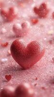 A close up of a sparkling heart shaped decoration on a pink background, perfect for celebrations photo