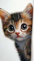 A curious kitten peeks out from behind a wall with wide eyes and soft fur in a cozy indoor setting photo