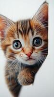 A curious kitten peeks out from behind a wall with wide eyes and soft fur in a cozy indoor setting photo