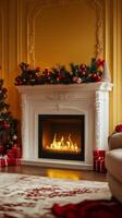 Cozy holiday living room with a fireplace adorned for Christmas near a decorated tree photo
