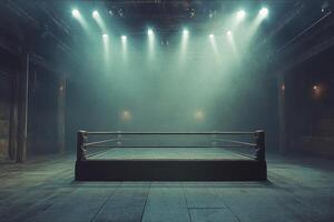 A dimly lit boxing ring with overhead lights illuminating the space before a match photo
