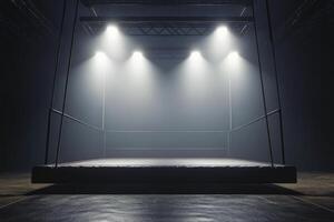 A dimly lit boxing ring with overhead lights illuminating the space before a match photo