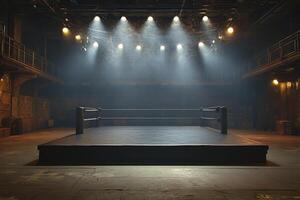 A dimly lit boxing ring with overhead lights illuminating the space before a match photo