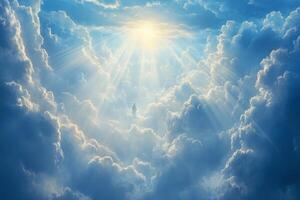 Majestic sunrise over a serene landscape filled with vibrant clouds and soft light photo
