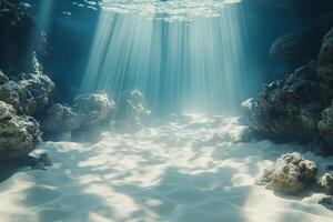 Beneath the ocean waves, sunlight filters through tranquil waters at midday photo