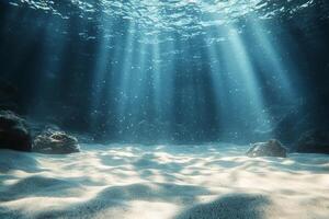 Beneath the ocean waves, sunlight filters through tranquil waters at midday photo