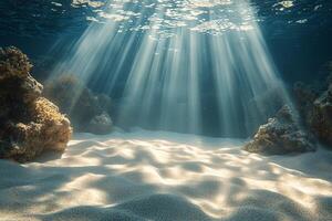 Beneath the ocean waves, sunlight filters through tranquil waters at midday photo