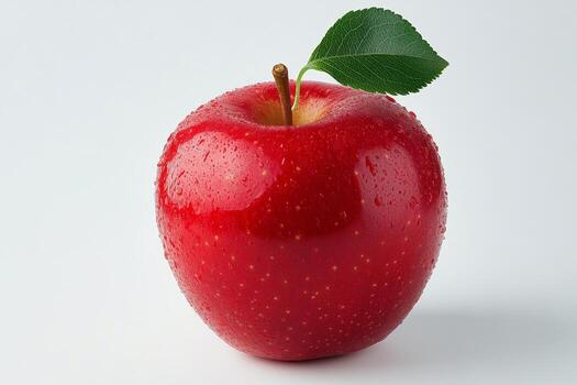 Fresh red apple with water droplets on a white background showcasing its vibrant appearance photo