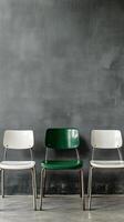 Three modern chairs in a minimalist interior with a grey wall in a contemporary setting photo