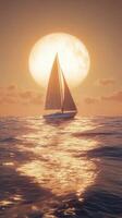 A sailboat gliding across reflective waters at sunset near a distant horizon under a large sun photo