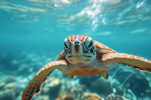 Green sea turtle gracefully swimming through clear tropical waters near coral reef photo