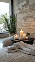 A cozy interior setting featuring candles and flowers on a wooden table in a serene atmosphere photo