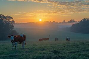 Cows grazing in a misty pasture at sunrise in the countryside photo