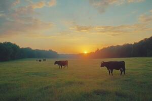 Cows grazing in a misty pasture at sunrise in the countryside photo