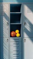 Storage locker filled with yellow tennis balls and one basketball in a sports facility photo