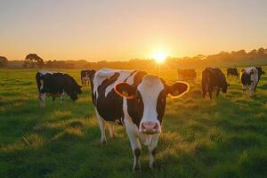 Cows grazing in a misty pasture at sunrise in the countryside photo