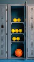 Storage locker filled with yellow tennis balls and one basketball in a sports facility photo