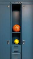 Storage locker filled with yellow tennis balls and one basketball in a sports facility photo