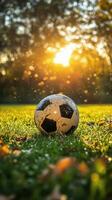 A soccer ball rests on colorful leaves as sunlight creates a warm golden atmosphere photo