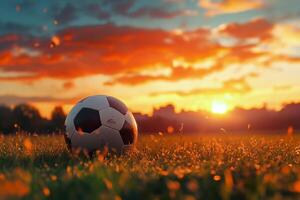 Sunset view of a soccer ball resting on grass in a field during golden hour photo