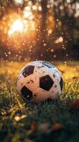 A soccer ball rests on colorful leaves as sunlight creates a warm golden atmosphere photo