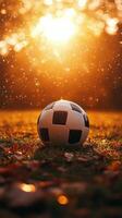 A soccer ball rests on colorful leaves as sunlight creates a warm golden atmosphere photo