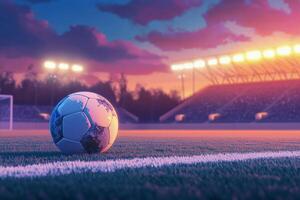 A soccer ball rests on the field at dusk near bright stadium lights before a match begins photo