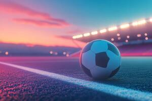 A soccer ball rests on the field at dusk near bright stadium lights before a match begins photo