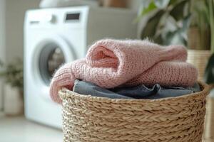 Soft pink sweater resting on a woven basket filled with clean laundry near a washing machine photo