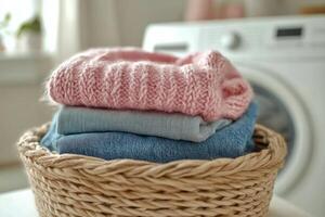 Soft pink sweater resting on a woven basket filled with clean laundry near a washing machine photo