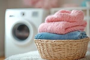Soft pink sweater resting on a woven basket filled with clean laundry near a washing machine photo