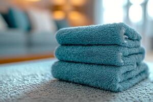 Soft, neatly stacked towels resting on a table in a bright, inviting living room setting photo