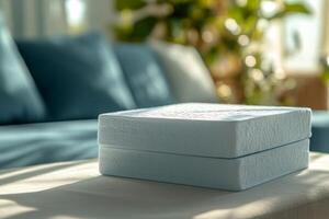Soft, neatly stacked towels resting on a table in a bright, inviting living room setting photo