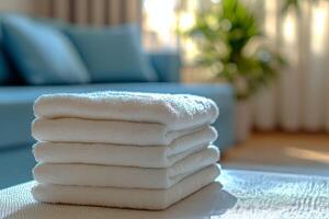 Soft, neatly stacked towels resting on a table in a bright, inviting living room setting photo