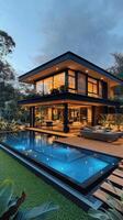Modern two story house with a pool surrounded by lush greenery at twilight photo