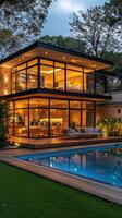 Modern two story house with a pool surrounded by lush greenery at twilight photo