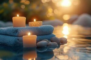 Relaxing spa setup with candles and towels for a calming atmosphere in a serene space photo