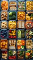 Variety of colorful meal prep containers filled with healthy ingredients on a kitchen countertop photo