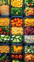 Variety of colorful meal prep containers filled with healthy ingredients on a kitchen countertop photo
