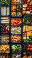 Variety of colorful meal prep containers filled with healthy ingredients on a kitchen countertop photo
