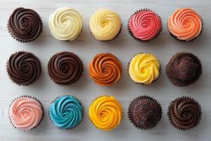 Colorful assorted cupcakes arranged neatly on a wooden background during daylight hours photo