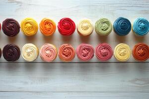 Colorful assorted cupcakes arranged neatly on a wooden background during daylight hours photo
