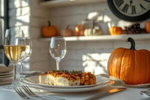 Elegant autumn dinner setting with roasted cauliflower and decorative pumpkins in warm light photo